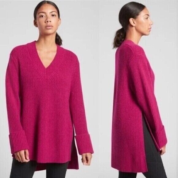 Athleta Sweaters - Athleta Shasta Tunic Sweater Chunky Oversized Pink High Low Wool Blend Size XS